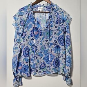 Lavender Brown Boho Floral Geometric Sheer Ruffle Blouse